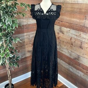 FOXIEDOX Black Lace and Ruffle Scarf Hemline Dress Sz XS